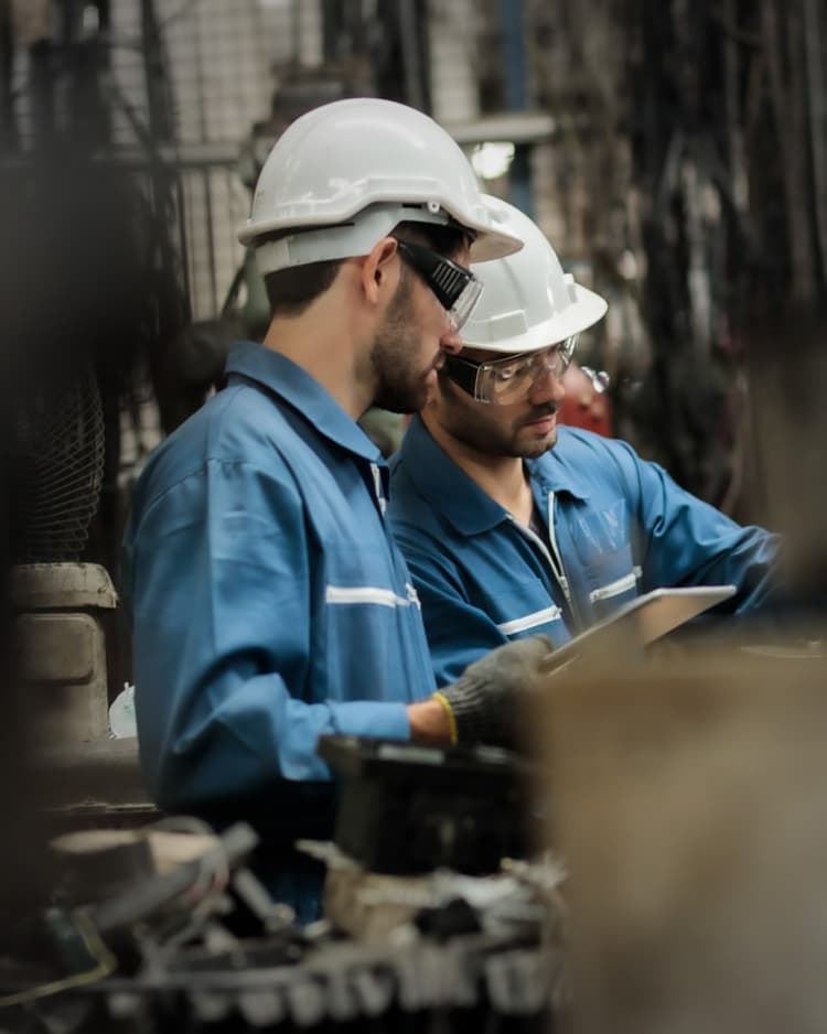 Employees wearing hard hats in a factory